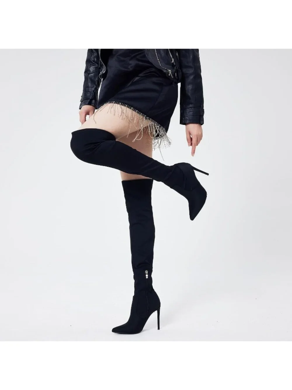 Women Black Neoprene Pointed Toe Suede Stiletto Heel Stretch Over The Knee Boots